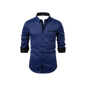 Men's Fashion Slim Fit Long Sleeve Shirt Patchwork Business Casual Lapel Button Up Top Polyester Printed Breathable Shirt