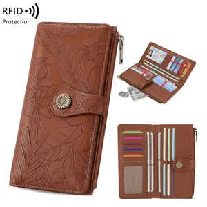 Women Long Wallet Vintage Embossed Floral Clutch Purse Multifunctional PU Leather Card Holder Pocket