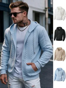 Men's Casual Solid Color Jacquard Full-Zip Hooded Sweatshirt Jacket Long Sleeve Fashion Sportswear Top