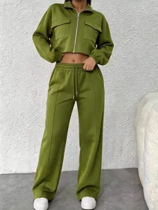Women's Casual Two Piece Pants Set Zip Up Short Jacket And High Waist Wide Leg Drawstring Outfits Streetwear For Women
