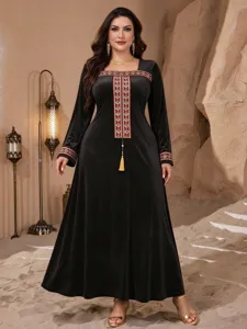 Damen Plus Size Samt Robe Rot Gold Bestickt Eckiger Ausschnitt Quaste Maxi Kleid Langarm Bankett Abendkleid