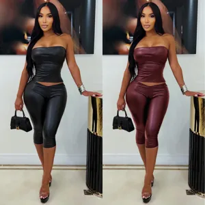 Sexy Women Polyester Faux Leather Tube Top And Slim Fit Pants Set Patchwork Solid Color Hot Girl Clubwear Top And Bottom