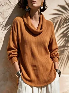 Damen T-Shirt Mit Wasserfallkragen Langarm Lockere Passform Abgerundeter Saum Strickoberteil Polyester Elasthan Casual Einfarbig Herbst Basic Tee