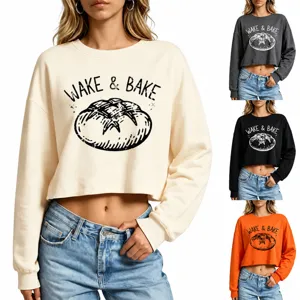 Sudadera Corta de Manga Larga para Mujer Estampado Gráfico WAKE BAKE Corte Holgado Mezcla de Algodón Cuello Redondo Top Casual