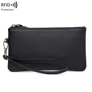 Women Genuine Cowhide Leather Long Wallet RFID Blocking Lychee Pattern Zip Around Clutch Bag With Wristlet Strap