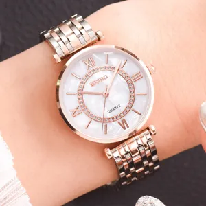 Women Fashion Quartz Watch Stainless Steel Alloy Band Rhinestone Starry Dial Elegant Ladies Wristwatch Slim Analog Timepiece For Gift