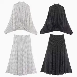 Women Polka Dot Two Piece Outfit Elegant Batwing Sleeve Blouse And High Waist Maxi Skirt Top And Bottom Fashion Casual Wear