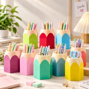Porte-Stylo Créatif Forme de Crayon Contraste de Couleurs Hexagonal Boîte de Rangement Papeterie Fournitures de Bureau Organisateur Bureau