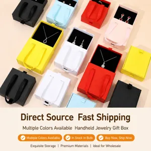Square Cardboard Drawer Jewelry Box With Satin Ribbon Handle Velvet Lining For Earrings Rings Necklace Bracelet Gift Packaging