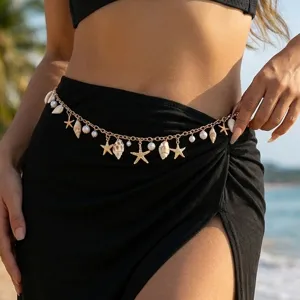 Women Bohemian Summer Beach Shell Waist Chain Gold Plated Artificial Pearl Starfish Conch Pendant Body Jewelry Necklace Bracelet Anklet