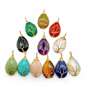 Collier Pendentif Goutte d'Eau Arbre de Vie en Agate Pierre Naturelle Enroulé de Fil pour Femme Bijoux Fait Main Style Ins
