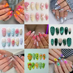 Uñas Postizas con Tallado Estereoscópico 3D Juego de 24 Piezas con Pegamento de Gelatina Uñas Postizas con Flores Estereoscópicas Fruta Ojo de Gato para Decoración de Uñas Mujer