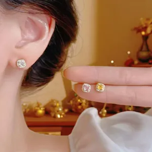 Elegant Copper Zirconia Sugar Cube Stud Earrings For Women Shiny Inlaid 925 Sterling Silver Post Fashion Jewelry Gift