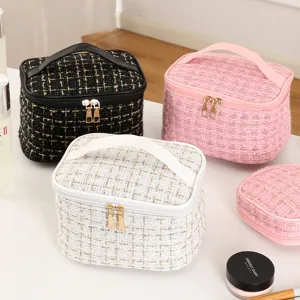 Mode Tweed Muster Schminktasche Große Kapazität Wasserdicht Tragbar Reise Kosmetik Organizer Etui Für Damen