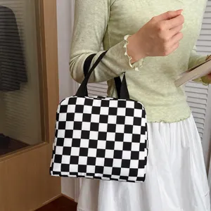 Borsa Porta Pranzo Isolata a Scacchiera Portatile Grande Capacità in Tessuto Oxford per Donne Bambini Scuola Ufficio