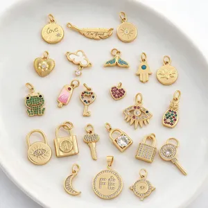 Colgantes DIY Cobre Chapado En Oro Cerradura Llave Mal De Ojo Corazón Circón Dijes Para Fabricación De Joyas Collares Pulseras