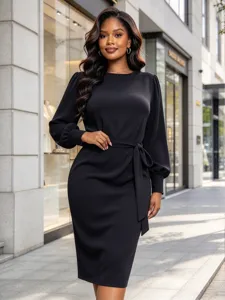 Women's Plus Size Solid Color Long Sleeve A-Line Midi Dress Elegant Commuter Tie-Belt Crew Neck Casual Dress Black