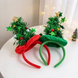 Festive Christmas Tree Headband Tinsel Pom Pom Stars Decoration Red Green Flannel Wrapped Hair Band For Xmas Holiday Party Favor
