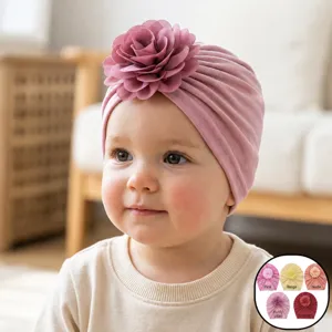 Newborn Baby Turban Hat Soft Polyester Stretchy Infant Bonnet Large Flower Fontanelle Protection Beanie Western Style Headwrap