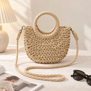 Damen Stroh Tragetasche Handgemachte Gewebte Umhängetasche Strandurlaub Kordelzug Freizeit Handtasche Für Damen Sommer