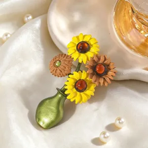 Broche Vase Tournesol en Émail Vintage Alliage Strass Style Palais Fleur Épinglette pour Femmes Bijoux de Mode Cadeau