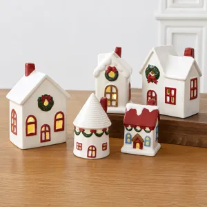 Ornement Maison De Neige De Noël En Céramique LED Lumineux Style Nordique Décor De Bureau Atmosphère Festive Bougeoir