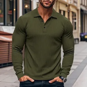 Polo Décontracté à Manches Longues pour Hommes Revers Classique Bouton Coupe Slim Élastique Côte Rayé Top Printemps Automne