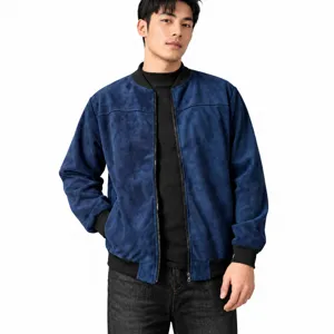 Men Suede Jacket Vintage Casual Long Sleeve Full Zip Stand Collar Outerwear Spring Fashion Polyester Coat For Men