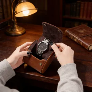 Single Watch Box Crazy Horse Genuine Cowhide Leather Vintage Travel Case Watch Organizer With Metal Snap Button Flannel Lining