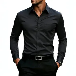 Camicia Casual da Uomo a Maniche Lunghe Colletto a Punta Poliestere Tinta Unita Abbottonato Top Con Tasca Moda Business
