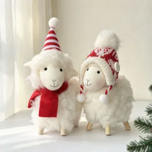 Ornement de Mouton en Peluche de Noël Poupée d'Agneau Frisé Blanc Avec Bonnet en Tricot et Pieds en Bois Décoration de Maison
