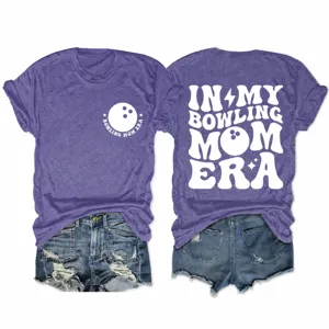 Bowling Mom Era Graphic T-shirt Voor Dames Katoen Polyester Mix Losse Pasvorm Ronde Hals Casual Korte Mouw Bedrukte Top