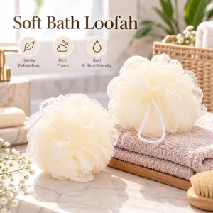 Boule de Bain Blanc Crème Éponge de Douche en Maille PE Douce Pour Exfoliant Moussage Riche Laveur de Corps Avec Corde de Suspension Accessoire de Salle de Bain