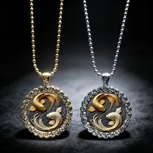 Alloy Rhinestone Tai Chi Yin Yang Koi Pendant Necklace Round Glass Time Gem Chinese Style Dual Fish Jewelry For Men Women