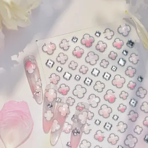 Pegatinas para Uñas de Trébol Holográfico Degradado Perla Flor Calcomanías Borde Plateado Decoración de Uñas para Mujeres