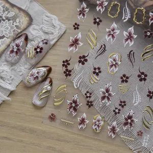 New Chinese Style Red Brown Floral Nail Art Stickers 3D Vintage Gold Lines Rhinestone Artificial Pearl Manicure Decals For Women