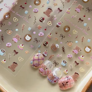 3D Embossed Cartoon Bear Dessert Nail Art Stickers Sweet Bow Heart Manicure Decoration For Women Self Adhesive Nail Decals YT9268
