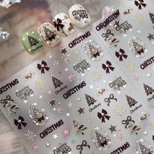 Pegatinas para Uñas de Navidad Estampado de Leopardo 3D en Relieve Copo de Nieve Ciervo Lazo Autoadhesivas Decoración de Manicura DIY