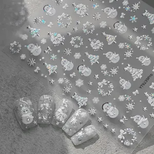 Pegatinas de Arte de Uñas de Navidad en Relieve 3D Blanco Plateado Muñeco de Nieve Copo de Nieve Árbol de Navidad Calcomanías