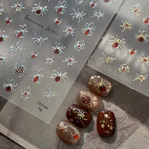 Pegatinas de Uñas de Araña de Halloween Oro Plata Telaraña Relieve Gótico Punk Decoración de Arte de Uñas para Mujer Fiesta