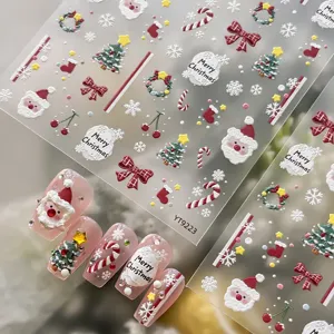 Pegatinas de Uñas de Navidad en Relieve 5D Papá Noel Árbol de Navidad Bastón de Caramelo Lazo Calcomanías de Manicura Festiva para Decoración de Mujer