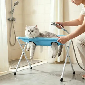 Foldable Pet Bathing Stand Grooming Hammock For Small Medium Dogs Cats Metal Frame Mesh Bed Anti Slip Pet Shower Helper Grooming Station