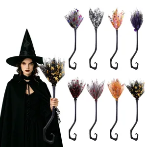 Halloween Witch Broom Bronzing Mesh Curved Handle Masquerade Costume Prop For Kids Adult Cosplay Performance Accessories