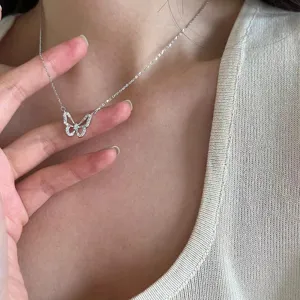 Butterfly Pendant Necklace For Women Elegant Hollow Alloy Rhinestone Clavicle Chain Trendy Niche Design Neck Jewelry Gift
