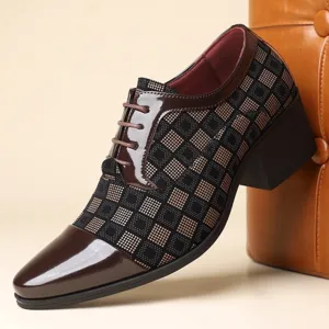 Men Business Leather Shoes Pointed Toe Height Increasing Plaid Pattern Lace Up Formal Office Wedding Dress Shoes