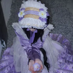 Cappello di Paglia Vintage Lolita BNT Pizzo Fiocco Viola Glicine Cuffia per Donna Accessorio Fotografico Cappello da Sole