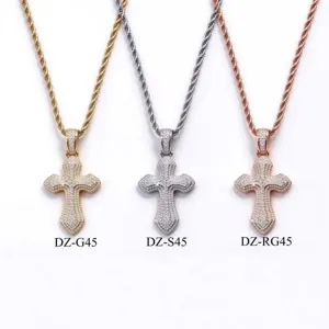 Iced Out Cross Pendant Necklace Brass Zirconia Hip Hop Jewelry For Men Gold Silver Rose Gold Pave Zirconia Cross Pendant With Rope Chain