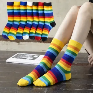 Women's Korean Style Rainbow Striped Mid-Calf Socks Colorful Breathable Sweat-Absorbing Cotton Blend Casual Crew Socks For Student