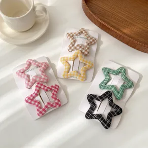Vrouwen Zoete Plaid Ster BB Haarclips Met Stof Bedekte Metalen Geometrische Haarspeld Dagelijkse School Haaraccessoires