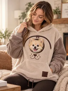 Unisex Pet Carrier Hoodie Flannel Oversized Sweatshirt With Dog Cat Pouch Kangaroo Pocket Embroidered Long Sleeve Casual Pullover Top